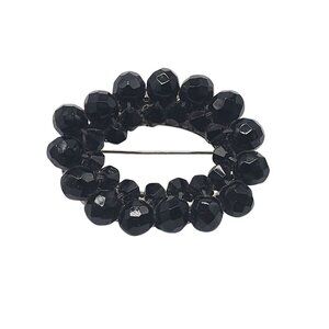Handmade Black Glass Bead Wreath Brooch Pin Silver Tone